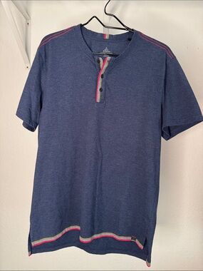 Prana Shirt Mens L Blue Henley Breathe Striped Accents Short Sleeve